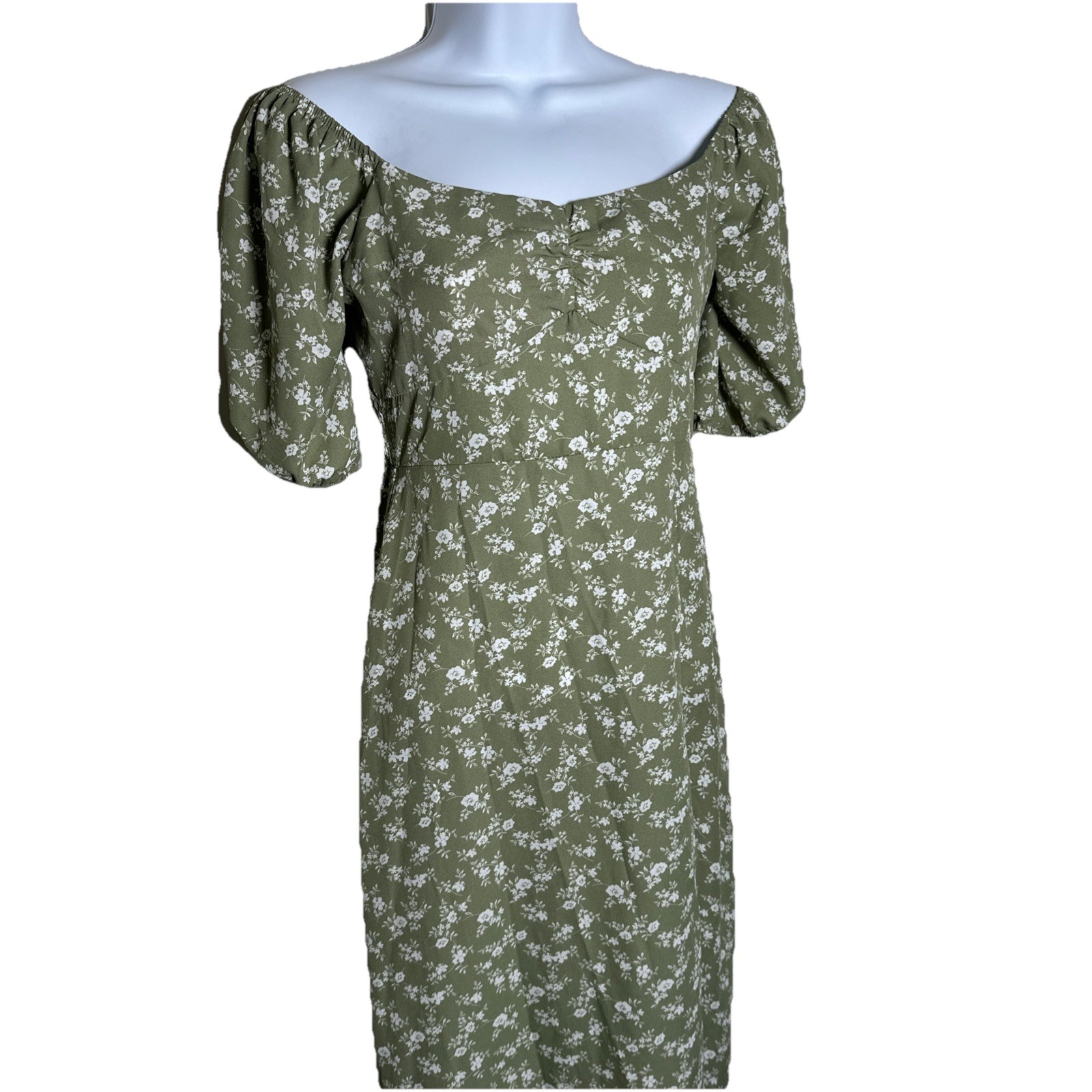 Hesperus Woman’s Small Ditsy Floral Green Midi Dress Cottagecore Puff Sleeve