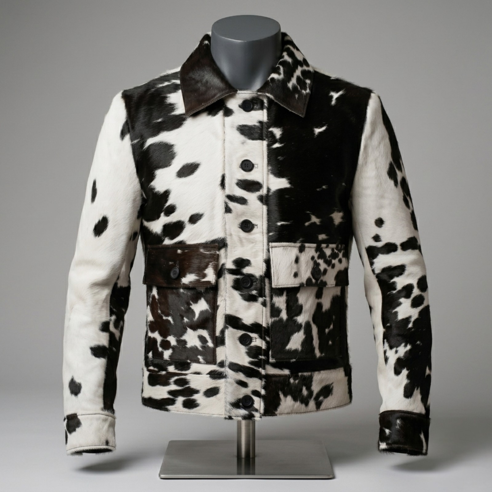 Men s Black White Cowhide Leather Jacket Hair On Hide Western Bomber Pony Coat
