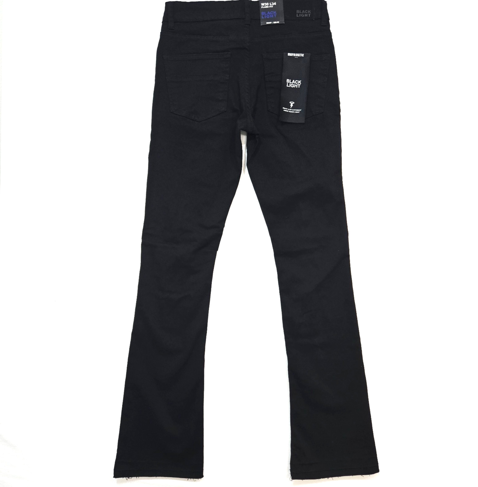 Black Light Men Jean Stretch Slim Straight Flare Fit Jet Black Denim Rhinestone