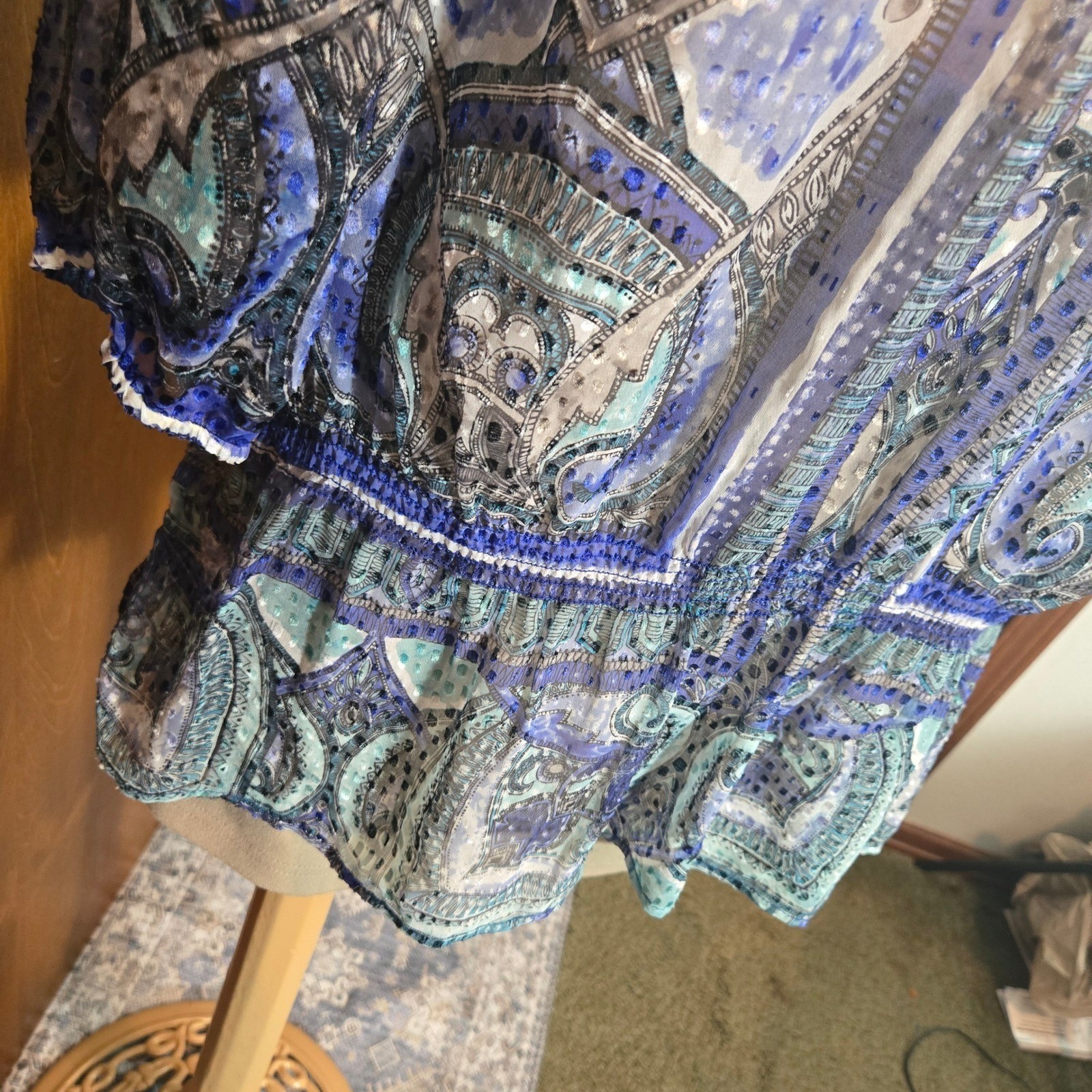 Chicos Silk Blend Womens Blouse Blue Size 2 Sheer Paisley Smocked Peplum