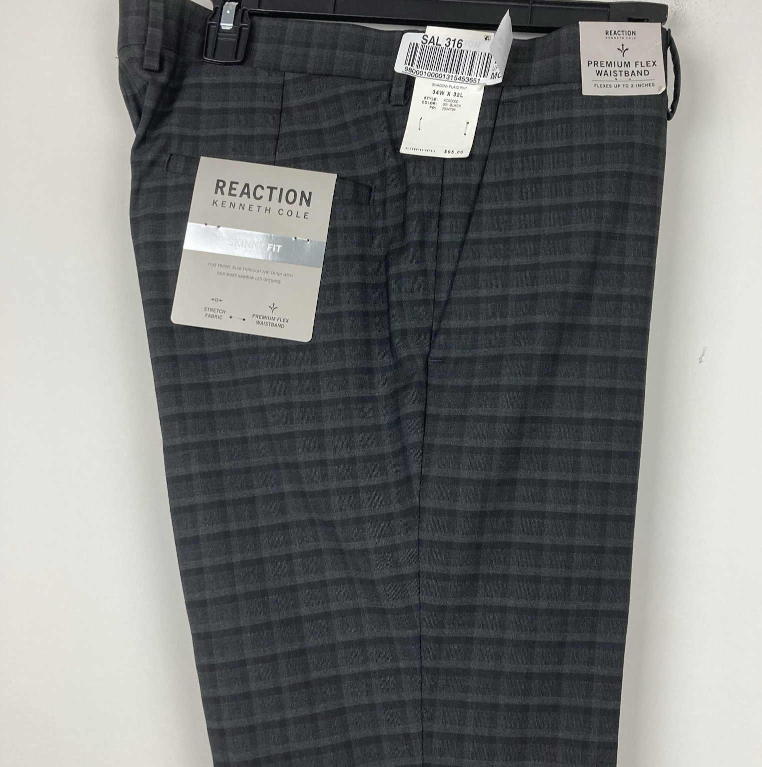 Kenneth Cole Reaction Men’s Pants Gabardine Skinny Fit Stretch 34W 32L Plaid