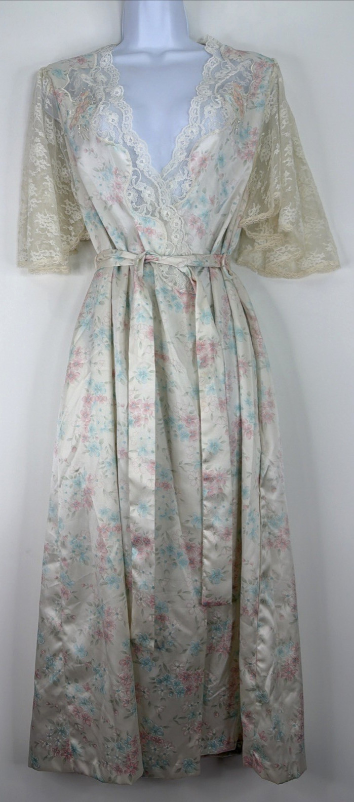 VTG Sara Beth Satin Poly Nightgown Robe Set Pink/Blue Floral Lace Bridal Small