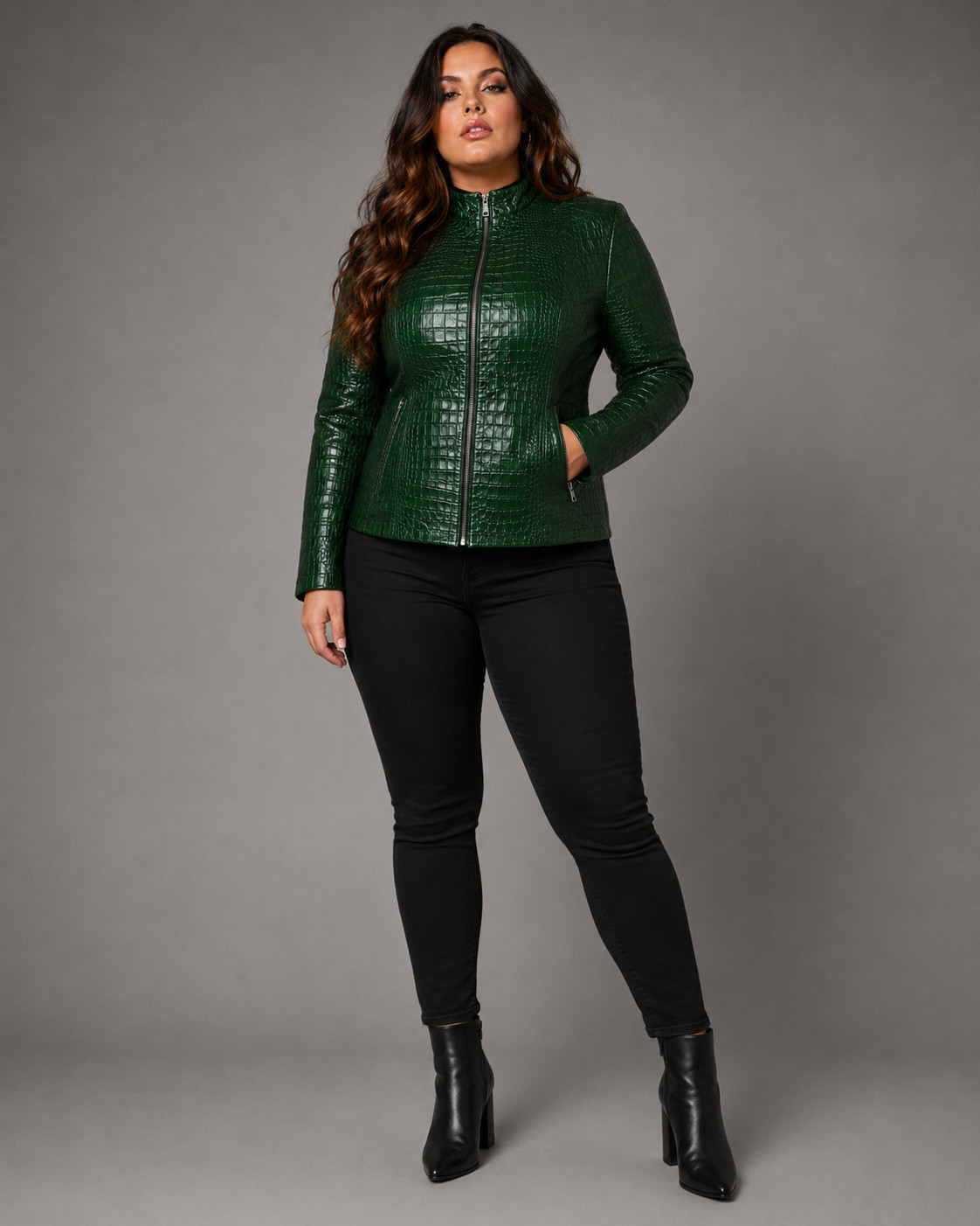 Women’s Plus Size Green Croc Embossed Genuine Leather Fitted Moto Jacket