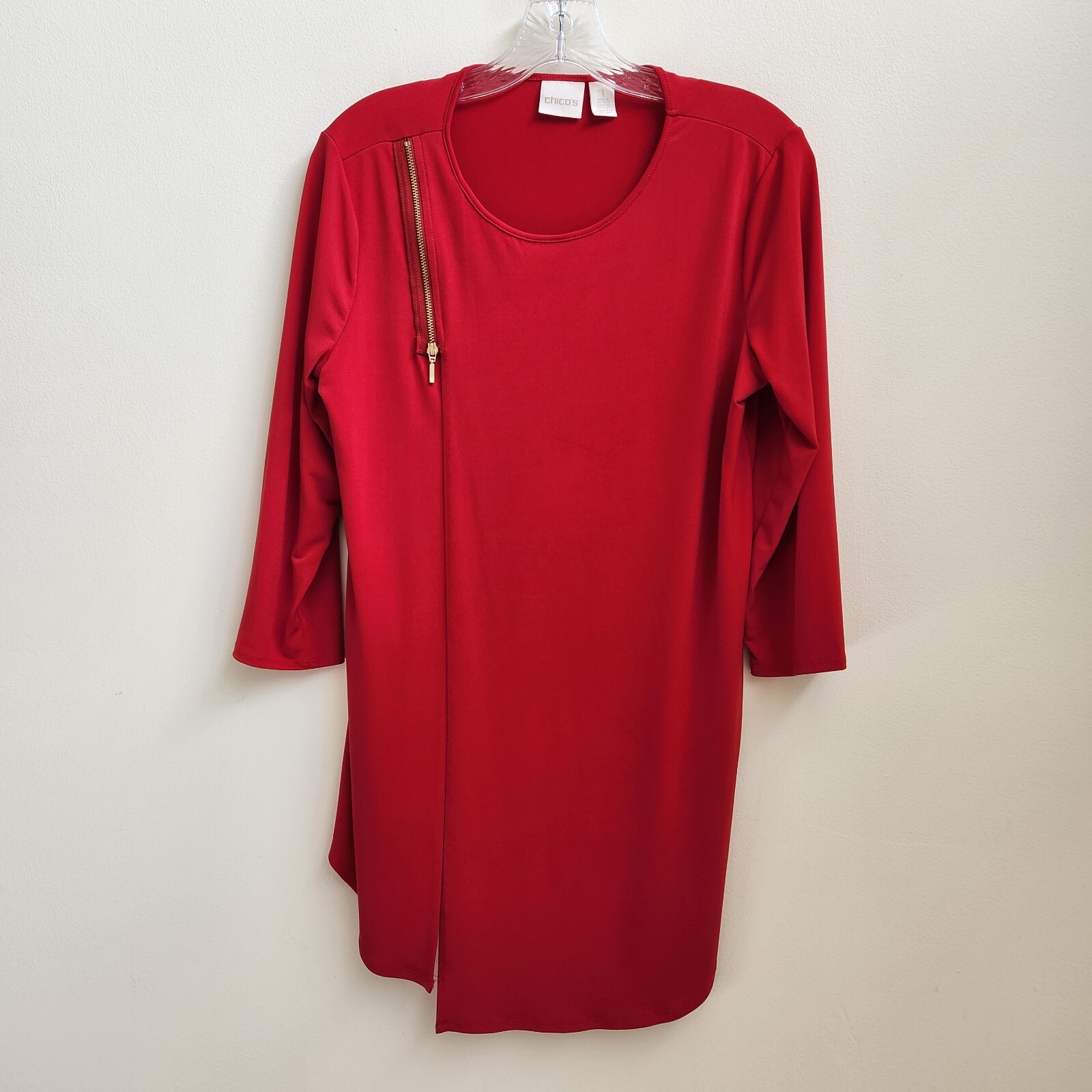 Chico’s Top Women’s 1 Red Zip Design Tunic Classic Holiday Lagenlook Minimalist