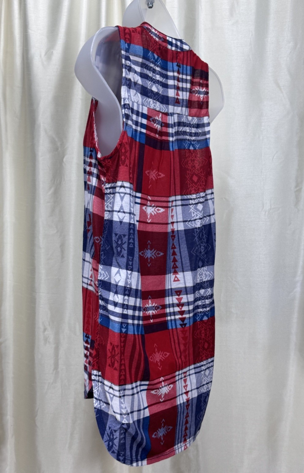 Almost Famous Blouse Womens Medium Plaid Sleeveless Lace Up Red & Blue Button