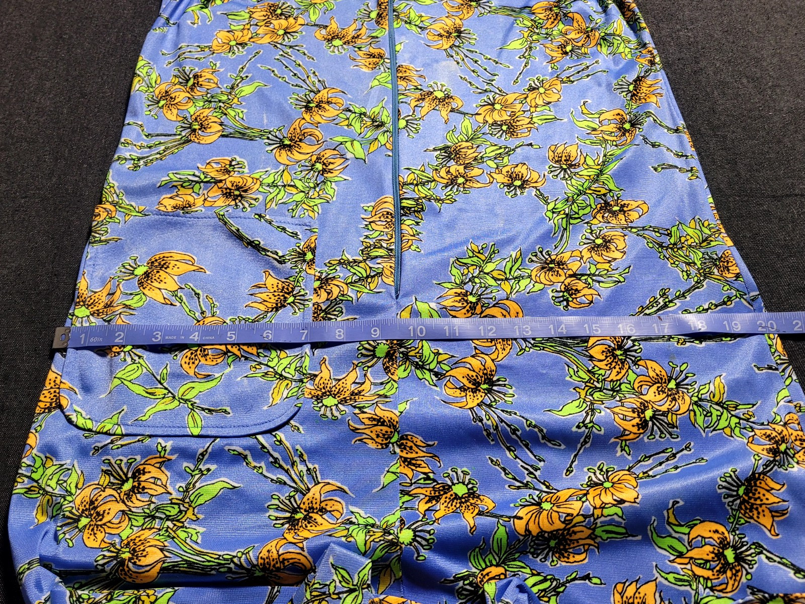 Vintage 60s 70s Blue Yellow Floral Maxi Leg Slits Sleeveless Size M Pocket Zip