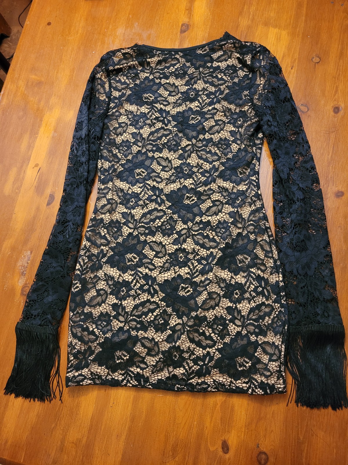 SweatyRocks Lace Mini Dress Floral Deep V Neck Fringe Sleeve Black Nude L Fits M