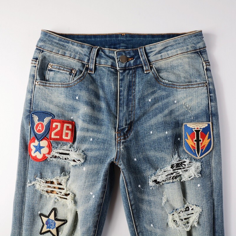 Men’s Vintage Distressed Stretch Denim Skinny Jeans with Patches and Studs