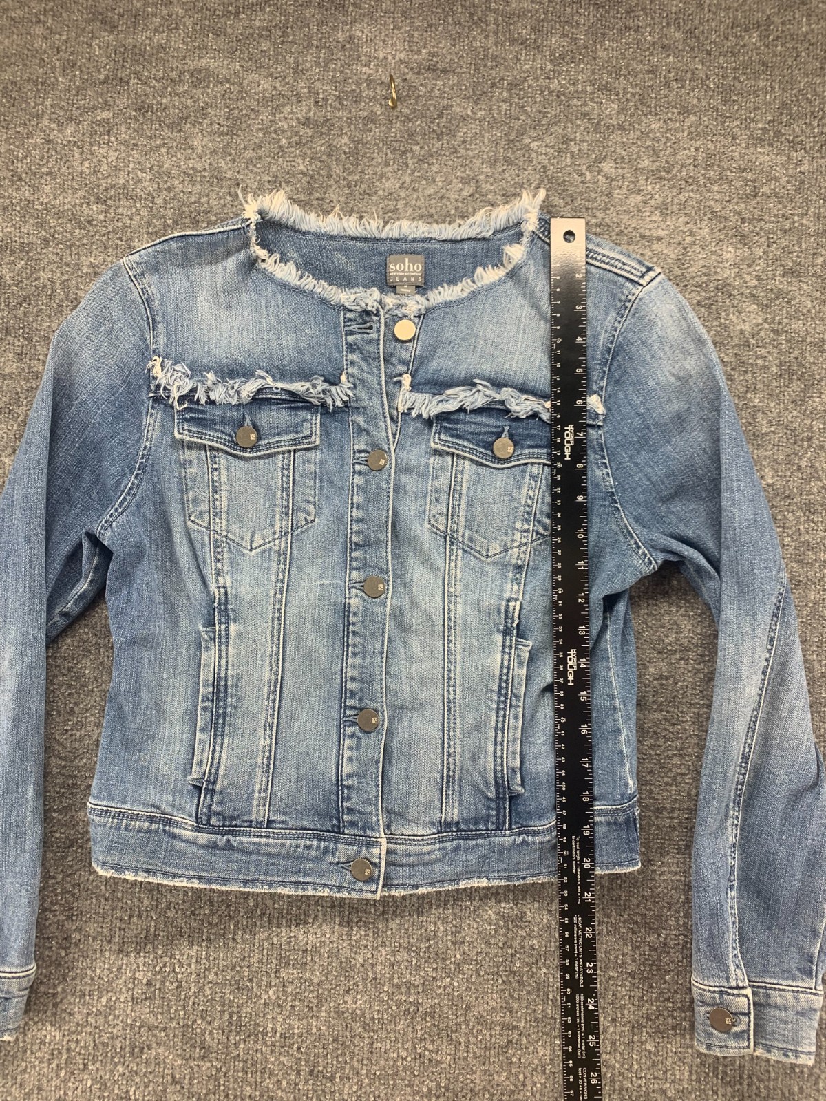 Soho Jacket Womens Medium M Blue Denim Jean Button Frayed Stretch Medium Wash