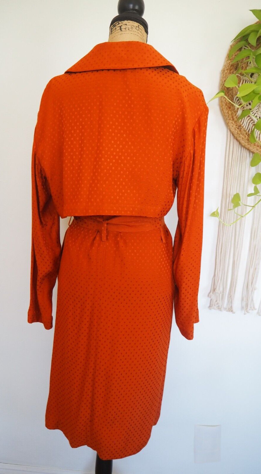 Brown Terracotta Rust Polka Dot Contrast Belted Rayon Trench Coat Size Small