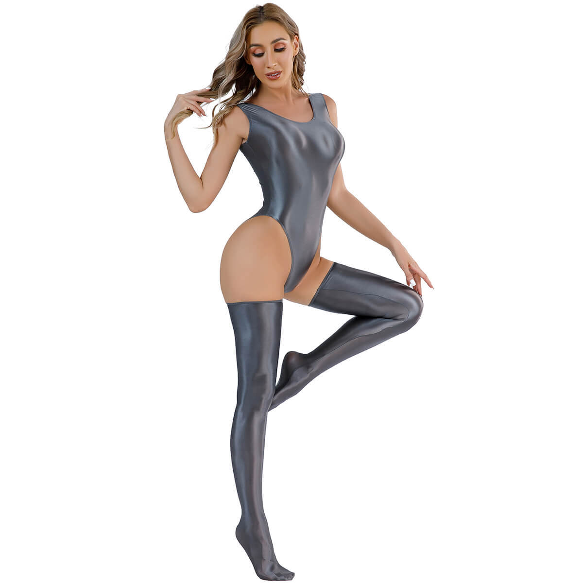 Women’s Shiny Satin Romper Lingerie Bodysuit Tank Top Leotard Stockings Clubwear