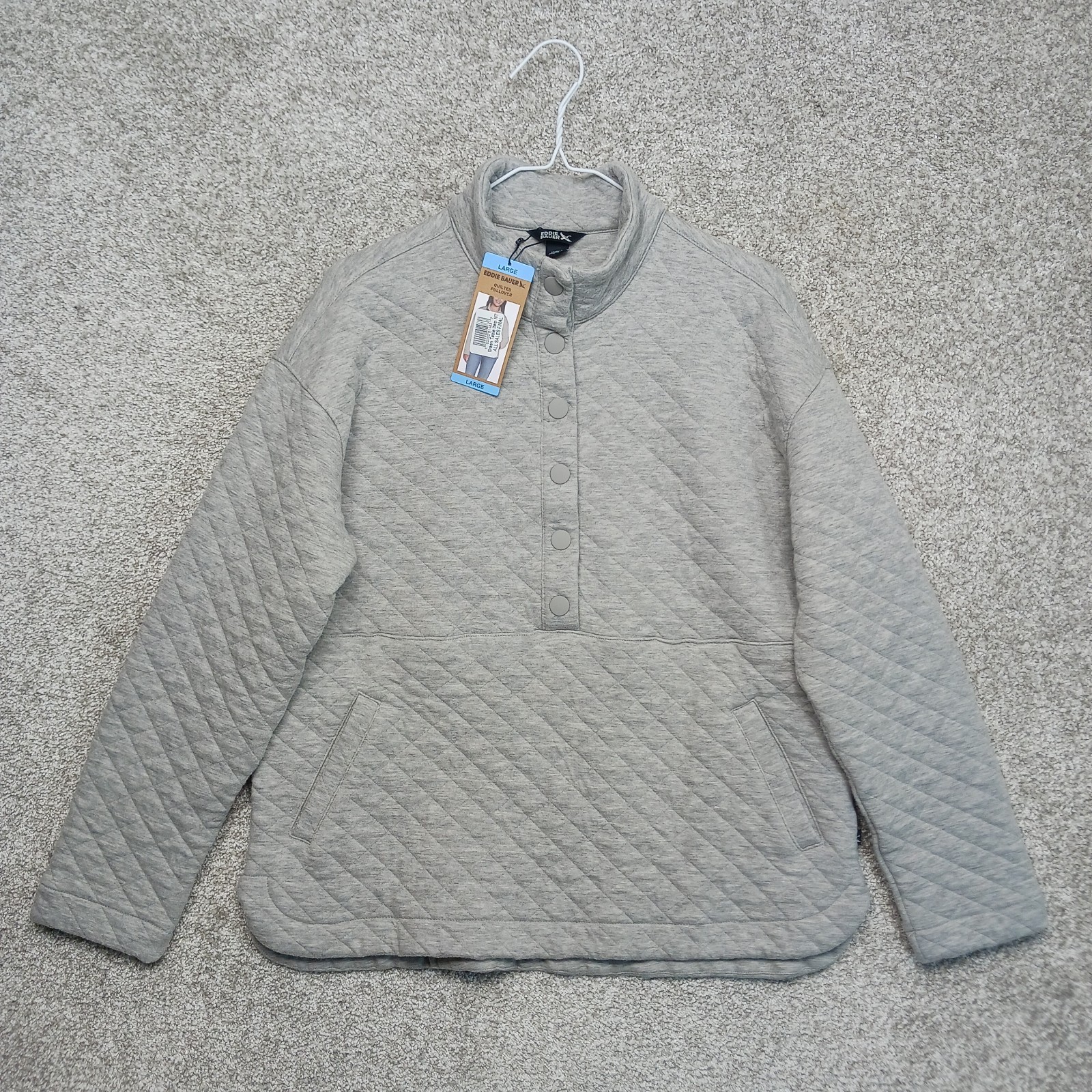 NWT Eddie Bauer Womens L Gray Quilted Kangaroo Pocket Pullover Large MSRP $99.00