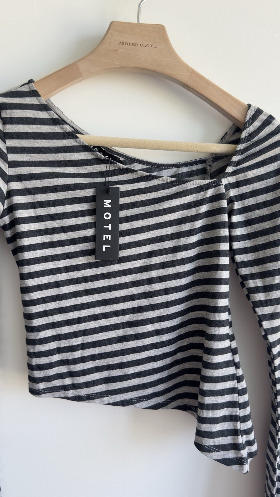 Motel Rocks Dalene Asymmetric Top Gray Black Stripe Long Sleeve Size S NWT