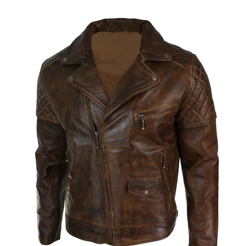 Mens Biker Vintage Washed Tan Brown Real Leather Jacket Cross Zip Retro Casual