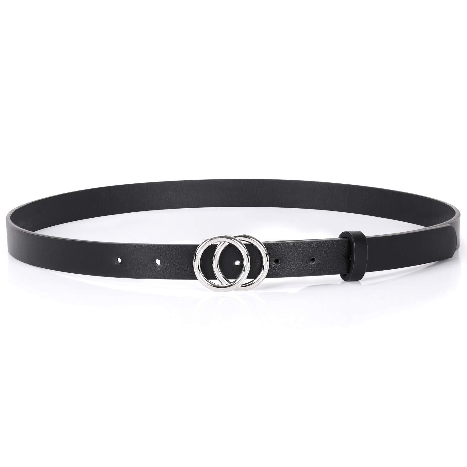 Double Leather Belts for Women O-Style Gold Buckle Skinny Dress Belt 0.86 inch