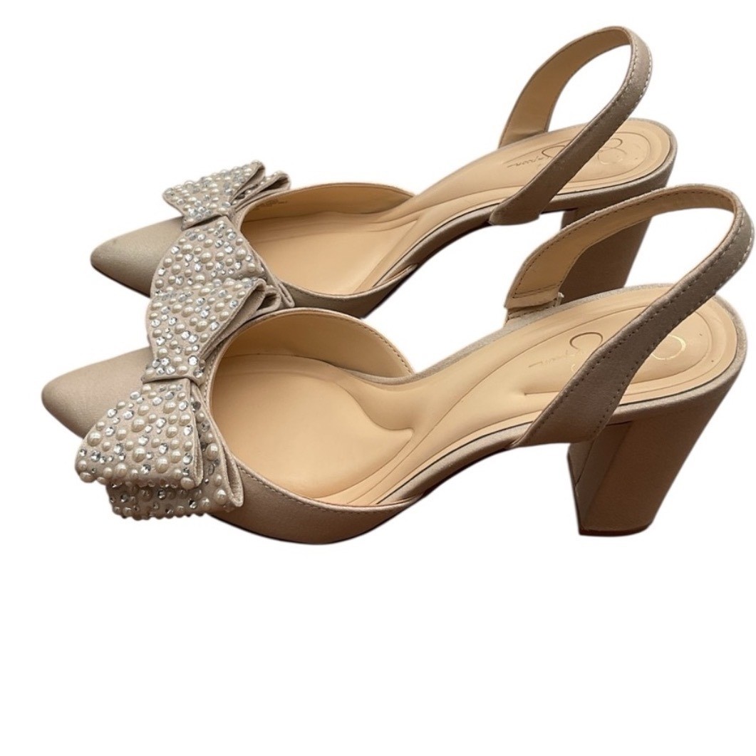 Jessica Simpson Champagne Pearl Rhinestone Bow Slingback Block Heel Pumps 8M 39
