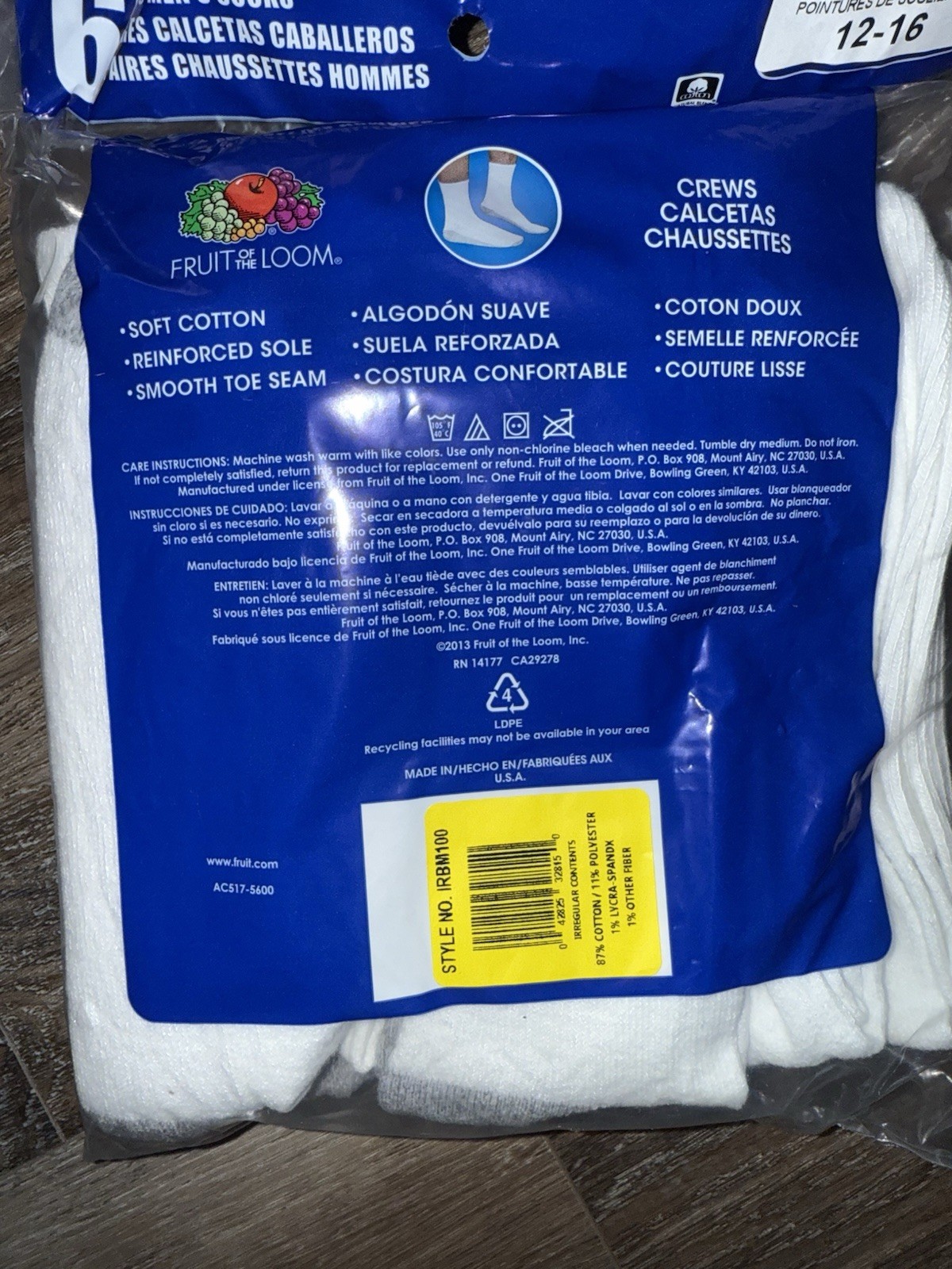 Fruit of the Loom 6-Pair White Socks Crew Sock Cotton Blend Big Tall, Size 12-16