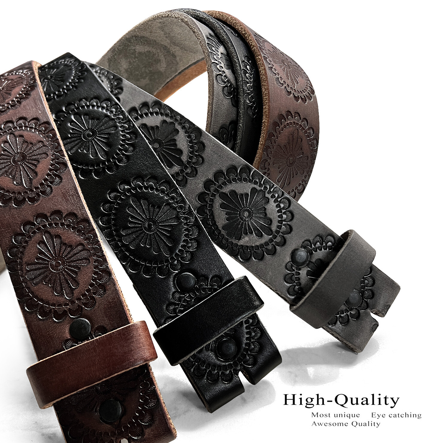 Floral Engraved One Piece Genuine Full Grain Leather Belt Strap 1-1/2″ Wide