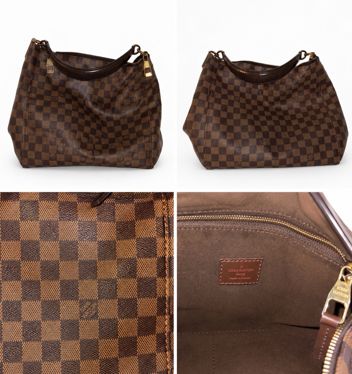 Louis Vuitton Damier Ebene Brown Shoulder Bag Handbag Zip Closure Gold Hardware