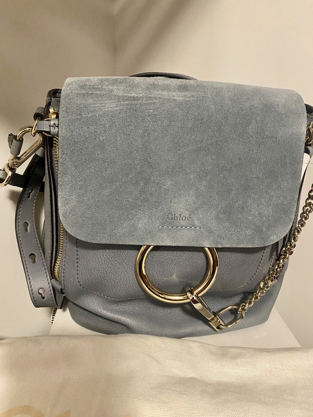 Auth Chloe Faye 2way Leather Suede Backpack Bag Blue Women’s w/Shoulder Strap