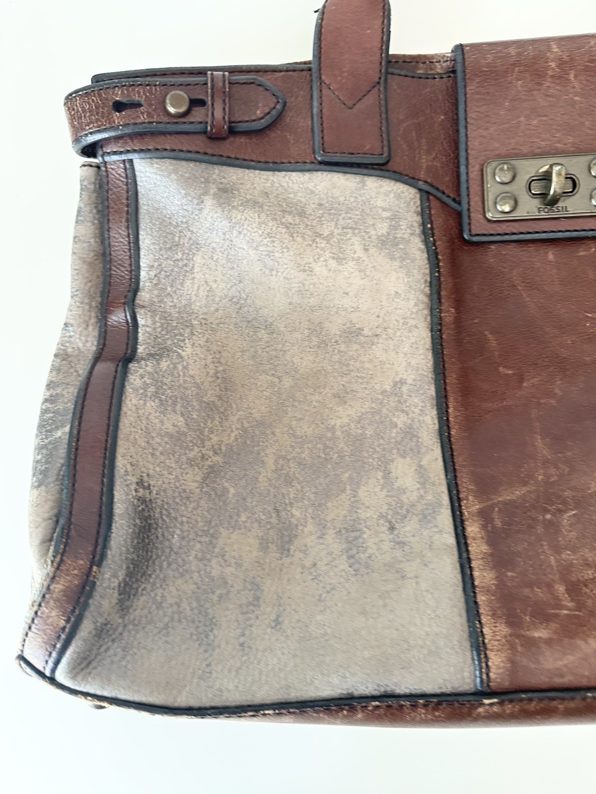 Fossil Colorblock Tote Bag Brown Gray Turn Lock Large Bottom Studs Inner Pockets