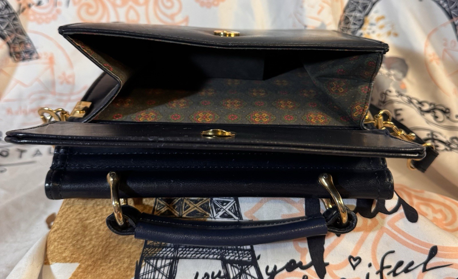 Vintage Belle Rose Navy Satchel Top Handle Bag Detachable Strap, Floral Lining