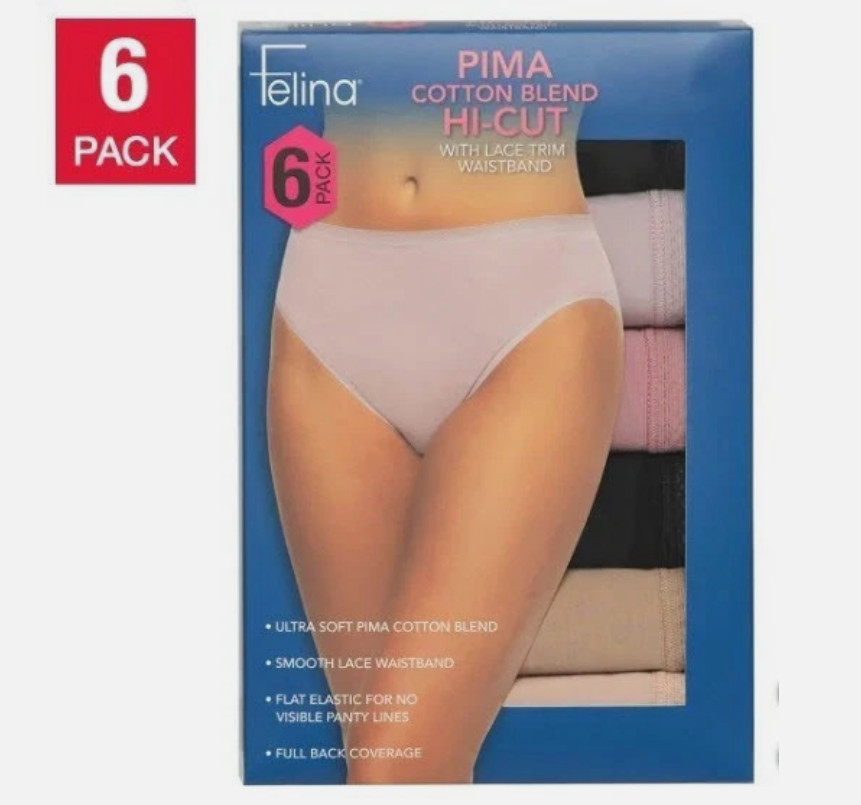 Felina Womens 6 Pack X-Large Pima Cotton Blend Hi Cut Briefs – Black Pink Brown