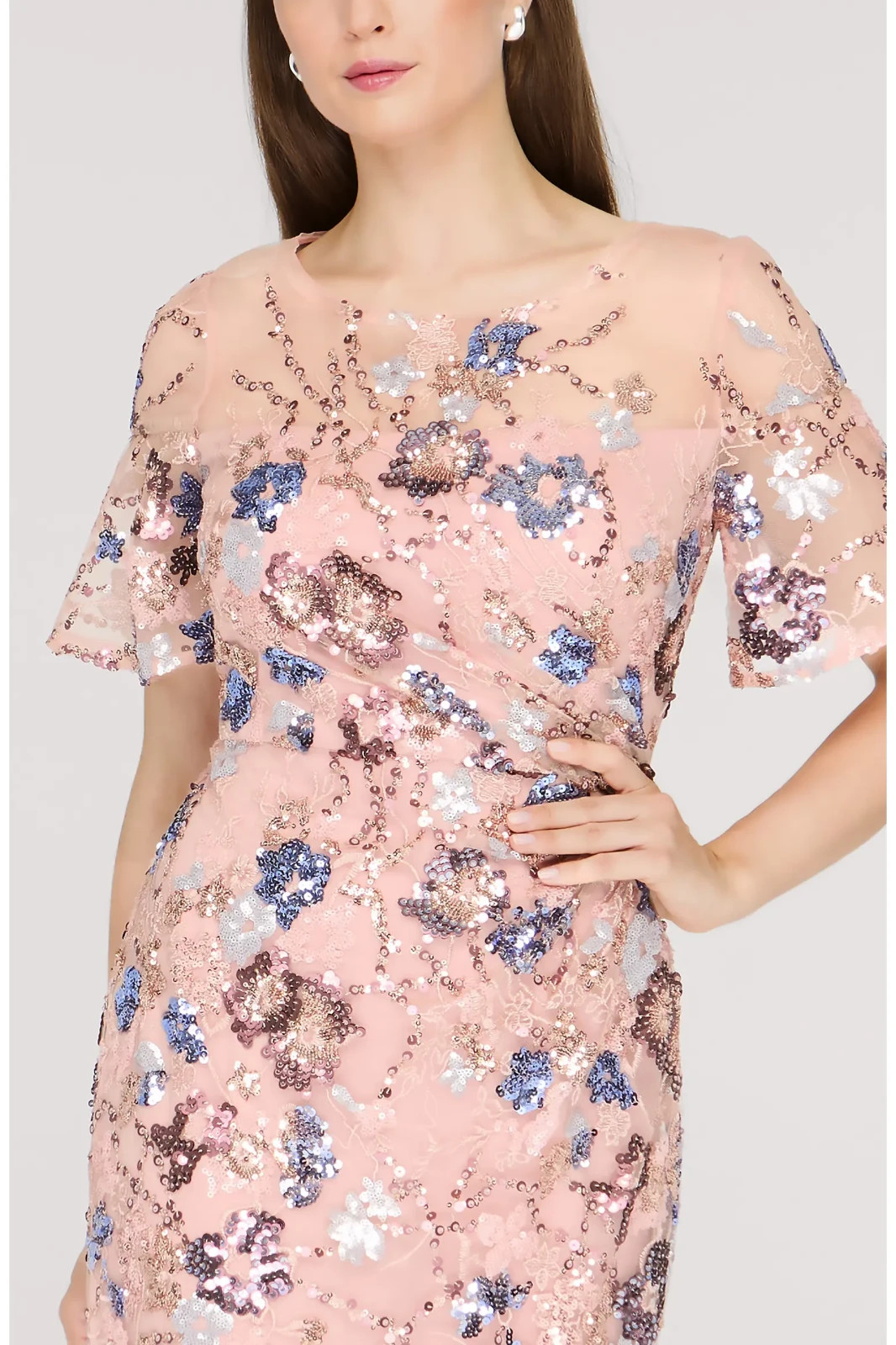 New J.S.Collection Alisa Sequin Embellished Short Sleeve Column Gown Size 8