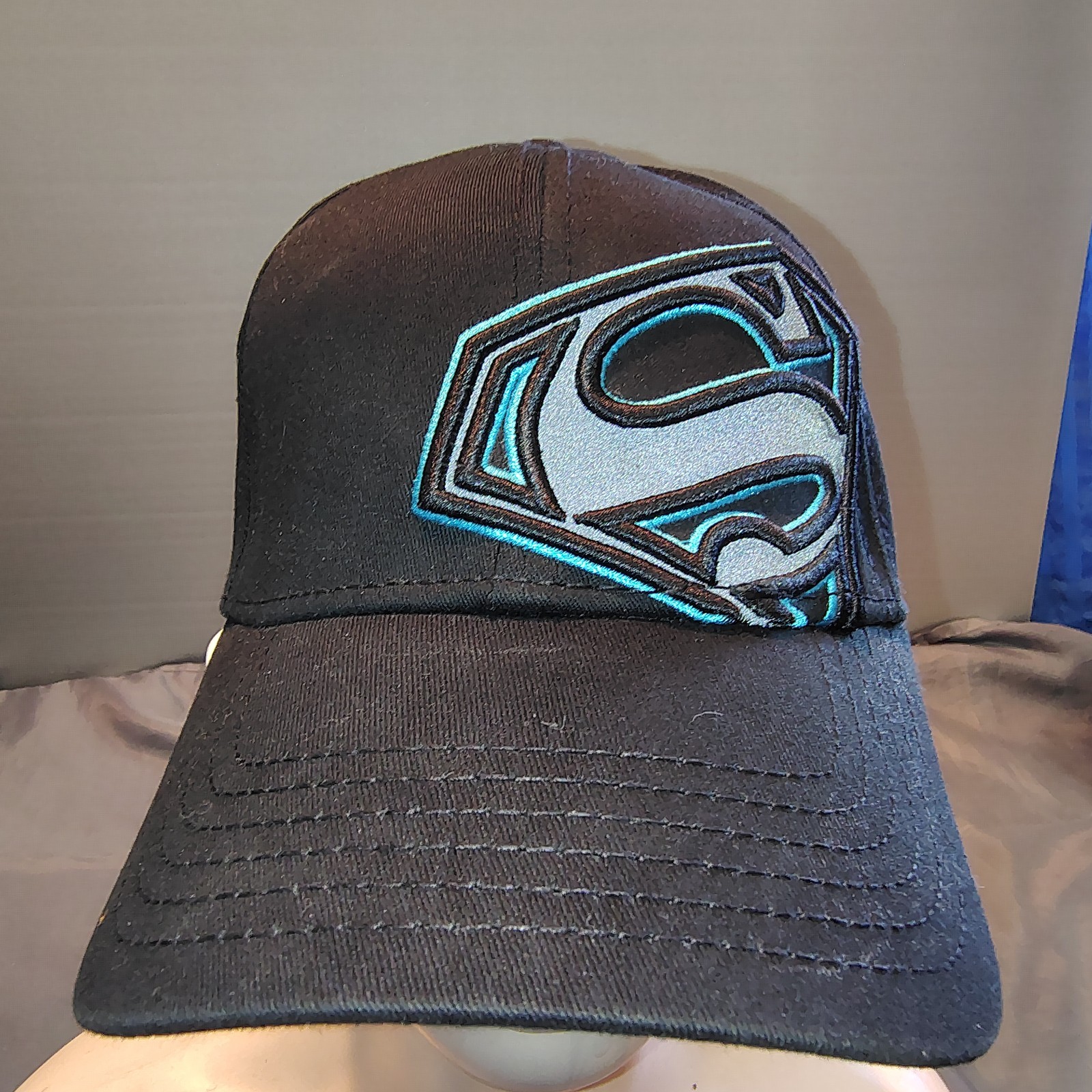 Superman S Logo Patch Ball Cap DC Comics Black Hat Black Neon Blue Symbol OSFM