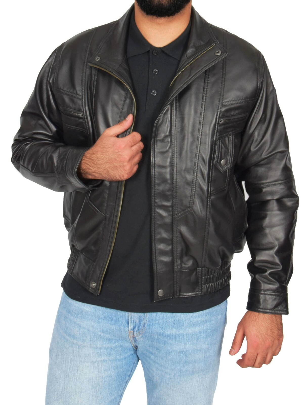 Gentlemens Bomber Soft Black Leather Jacket Classic Blouson Comfort Fit Coat NEW