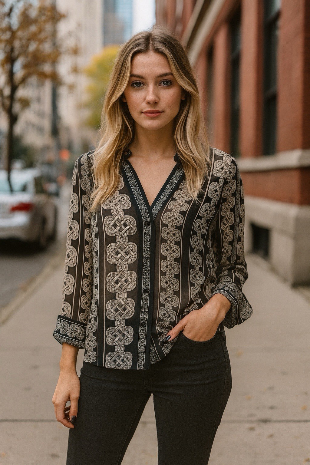 Diane Von Furstenburg Sz 8 Silk Harlow Blouse Black White Knot Pattern Classy,