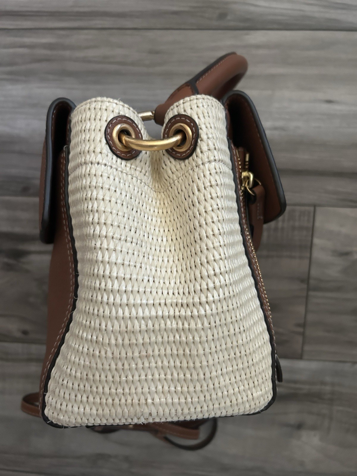 Tory Burch Half Moon Small Raffia Leather Handbag Resort Bag