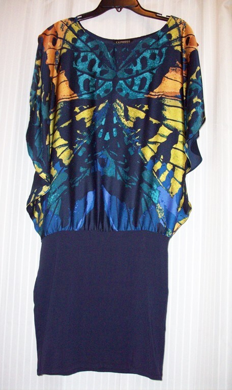 EXPRESS Butterfly Print Satin Flutter Sleeve Blouson Navy Blue XS Mini Dress EUC