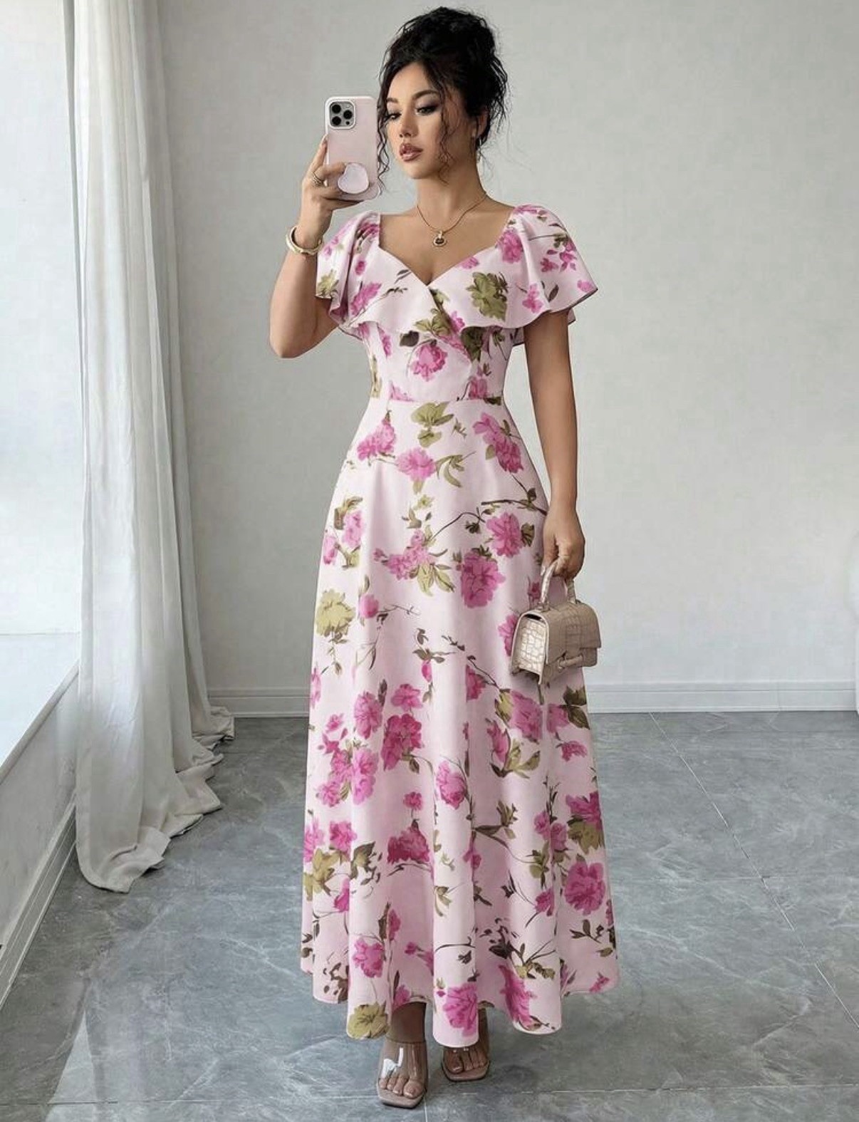 Brand New Floaty Ruffle Ditsy Flower Dusty Pink Maxi Dress Wedding Summer 16