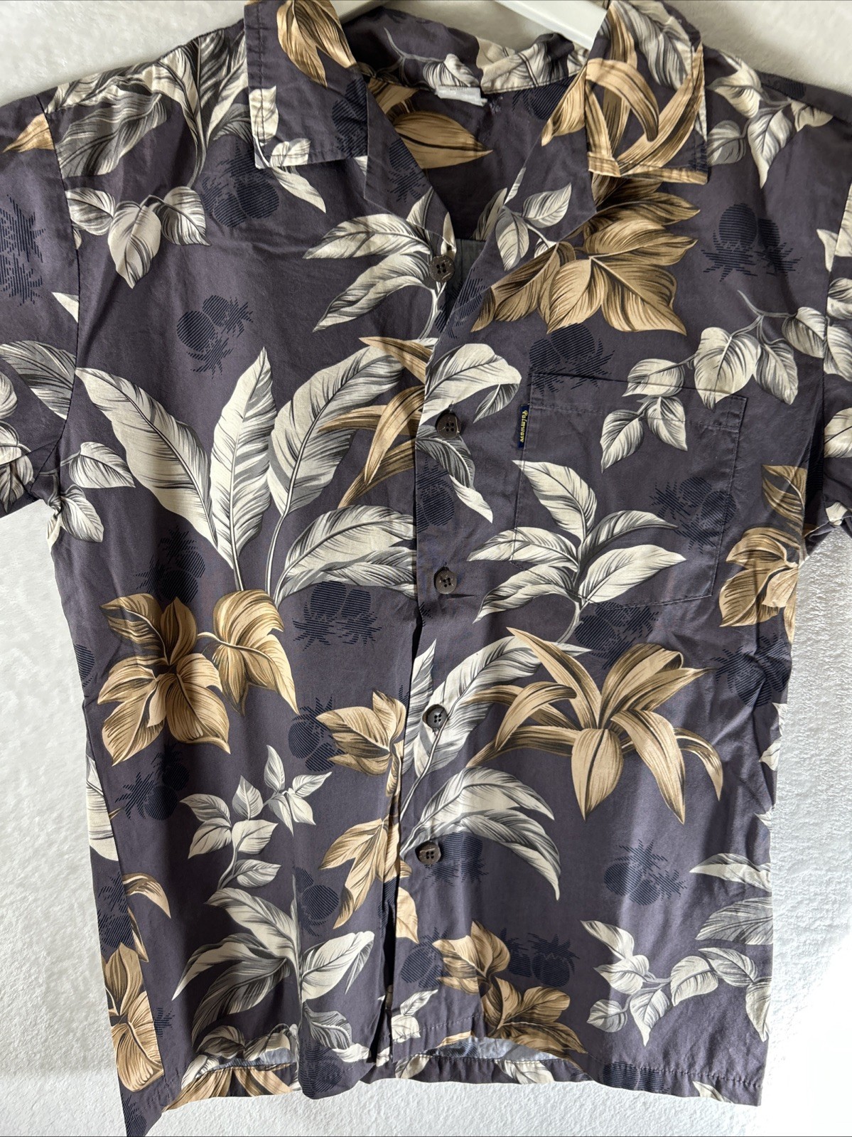 Palmwave Hawaiian/Aloha Shirt-Gray w/ Palms,Islands,& flowers Small Free Ship