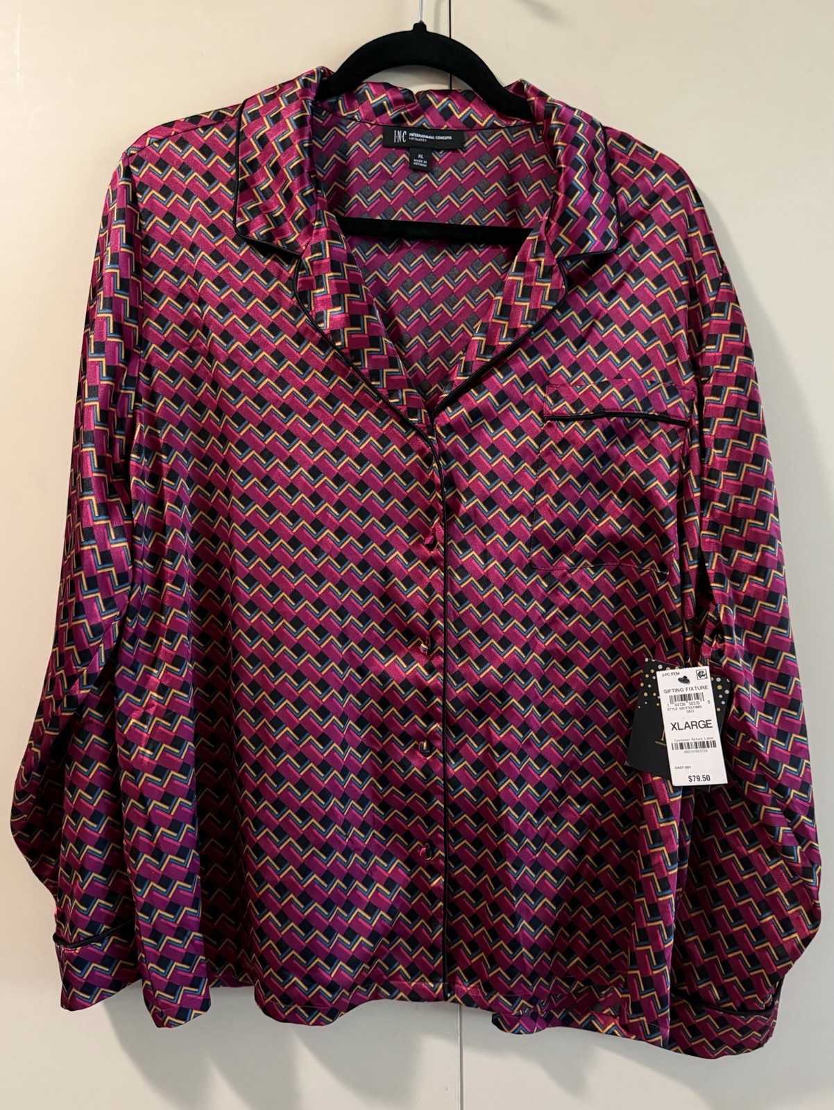 I.N.C International Concepts Satin Geometric Pajama Set Pink XL Button Front