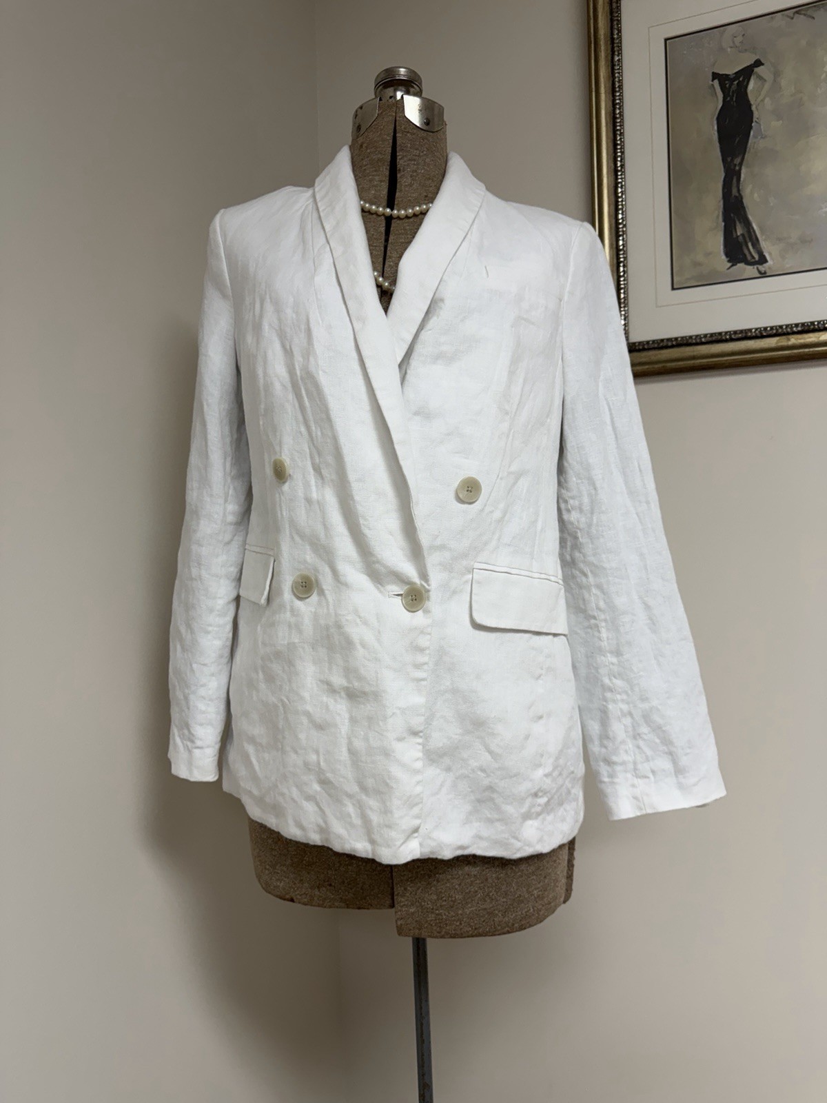 Banana Republic Blazer Size 8 Double Breasted White Linen Long Line Jacket BR