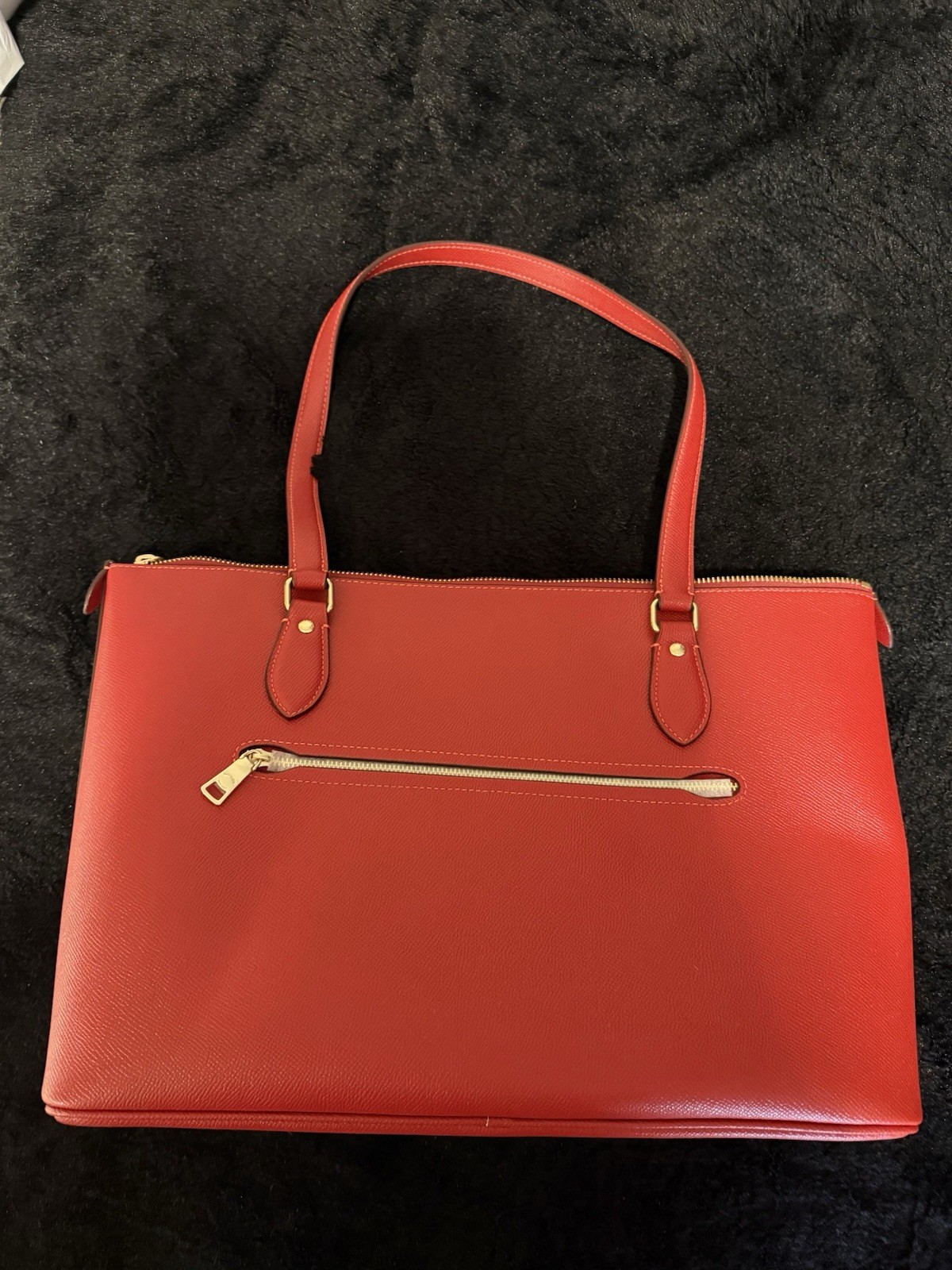 Coach Red Pebbled Zip-Top Satchel Double Handles Gold Hardware Pockets Hang Tag