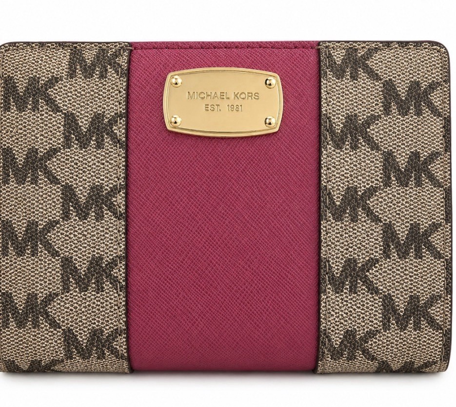 Michael Kors Jet Set Large Wallet Wristlet Brown Monogram Rasberry Center Stripe