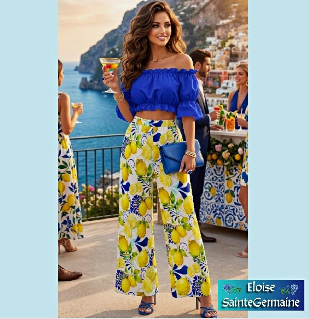 Women’s Pants. Eloise Sainte Germaine AmalfiCoast Collection LemonPrint Wide-Leg