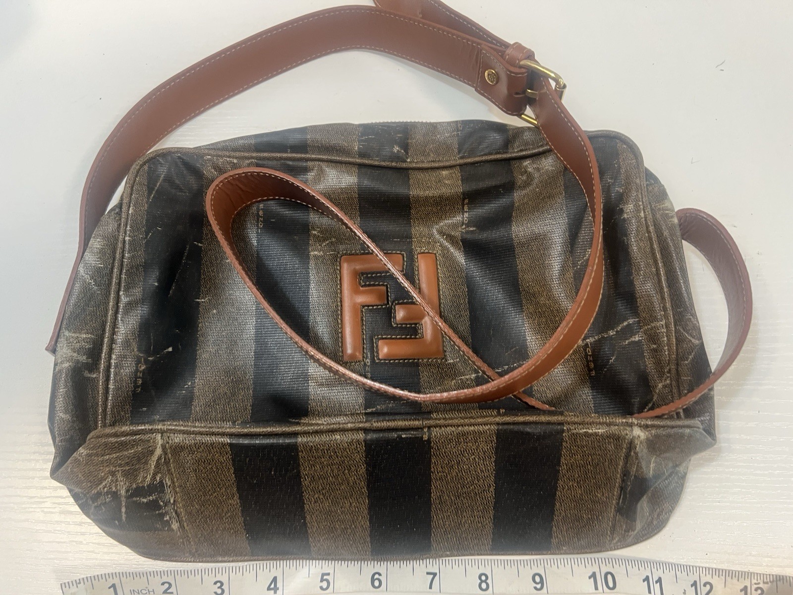 Fendi Bag Crossbody FF Logo Purse Brown Stripe Gold Buckle Zucca Long Man Camera