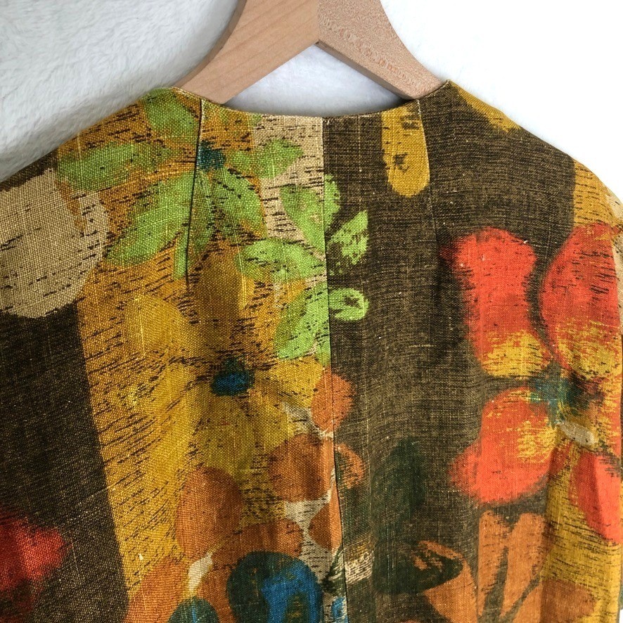VTG 70s Floral Button Front Maxi Dress Duster Sz L Earthy Retro Homemade