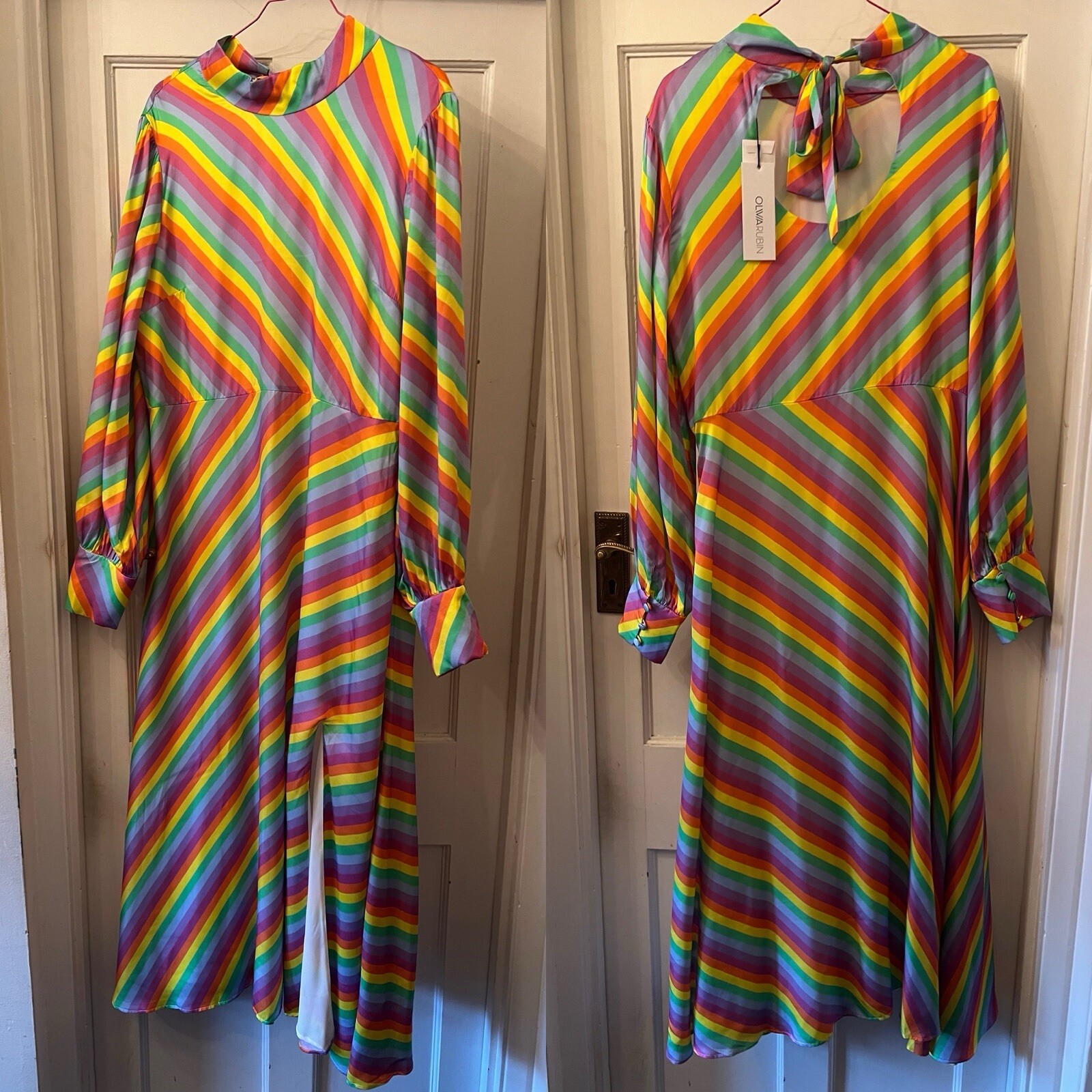 New Olivia Rubin Nessie Prism Stripe Silk Satin Print Midi Dress,UK 14
