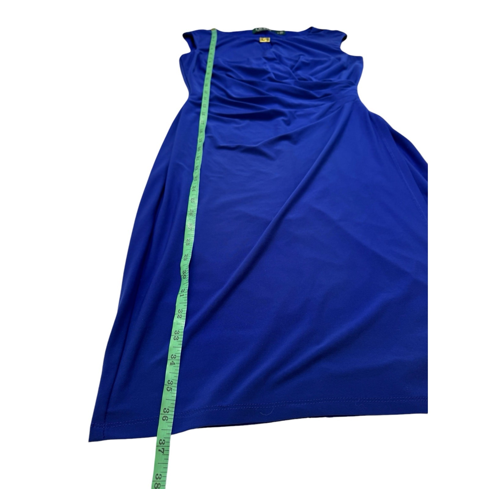 RALPH LAUREN LRL Cobalt Blue Keyhole Gold Logo Faux Wrap Dress Sz 6 Jersey Knit