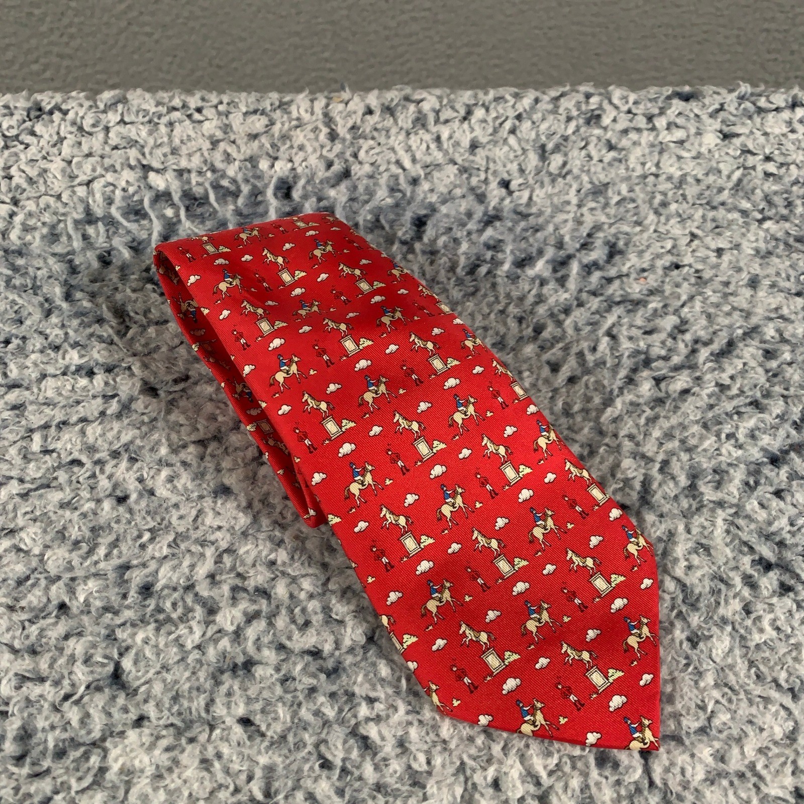 Hermes Silk Tie Mens OS Red Equestrian Jockey French Designer Jumping Horse