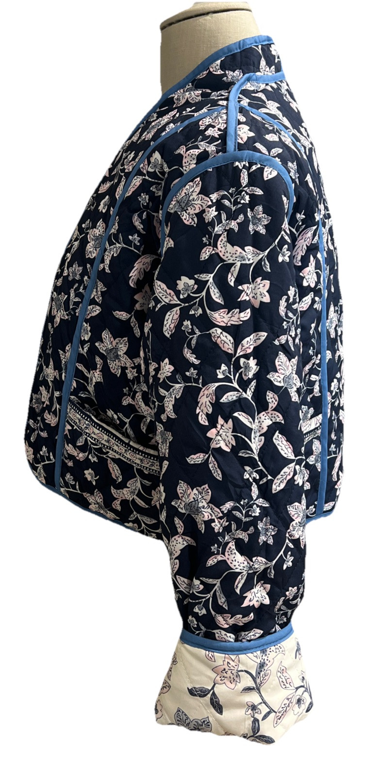 Reversible Quilted Jacket Cropped Sz MED* Navy Blue Floral Ivory/Pink