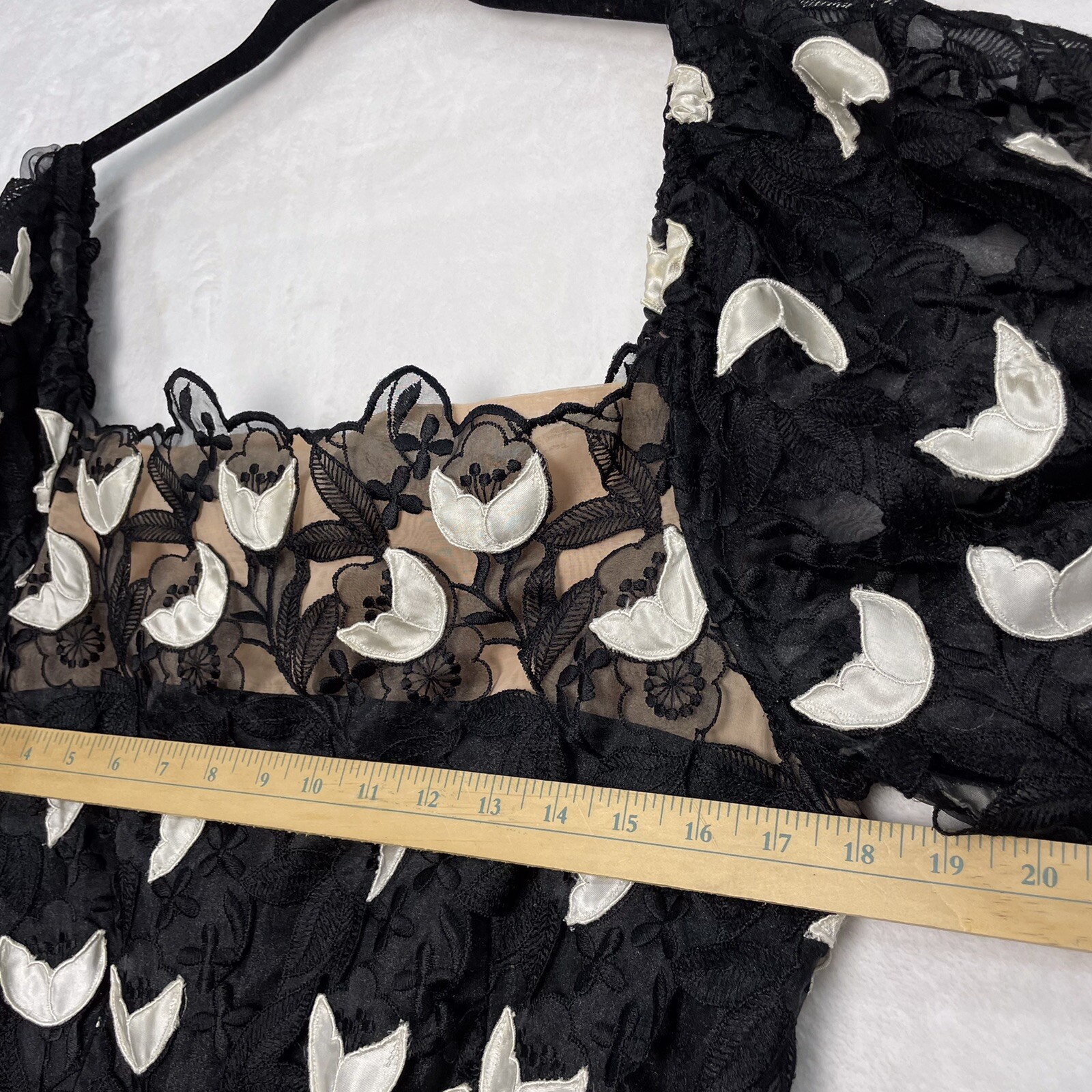 VTG Richilene New York Appliqué Dress Black White Floral Lace 14 L Union 80s USA