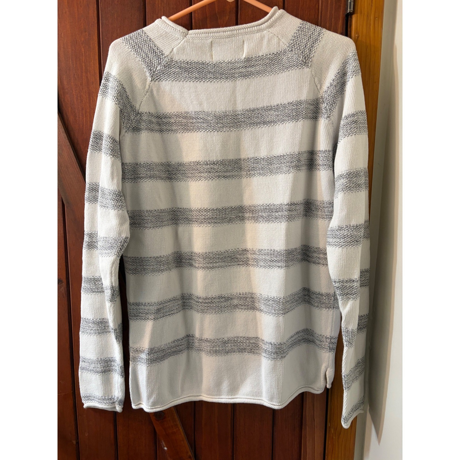 Primark Womens Large White Grey Striped Crew Neck Raglan Sleeve Knit Sweater