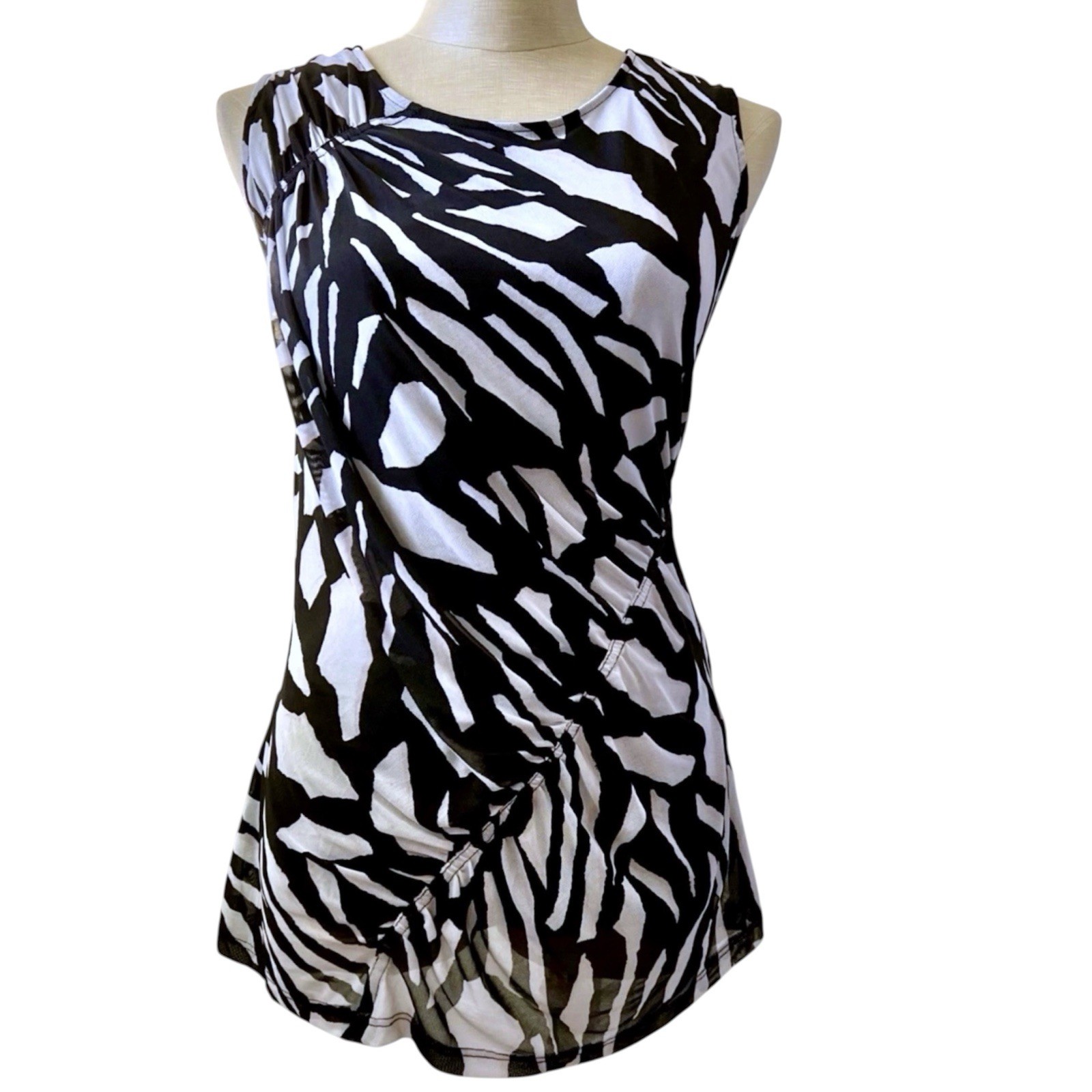 DKNY Y2K Zebra Print Mesh Overlay Top Tank Sleeveless Ruched Mob Wife XL Fitted