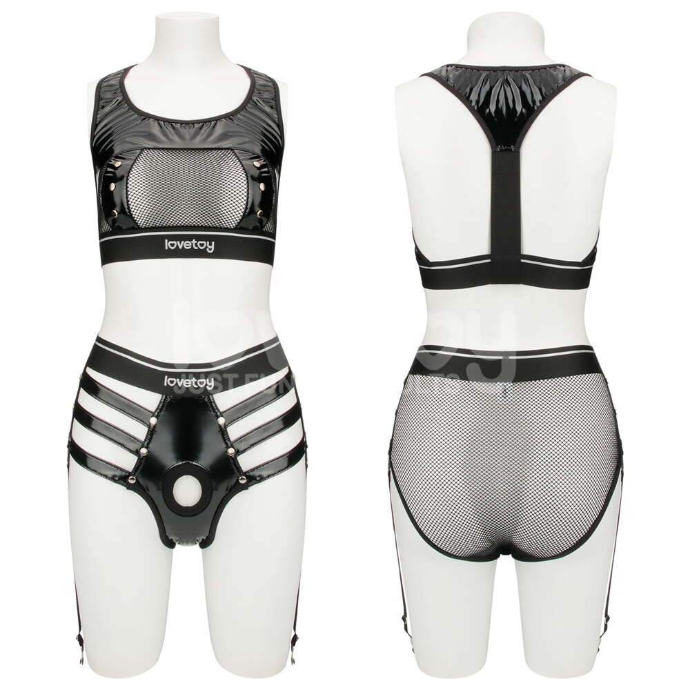 Reign Leather & Mesh Harness Set Body Bra & Panty Garter Belt Harness Lingerie